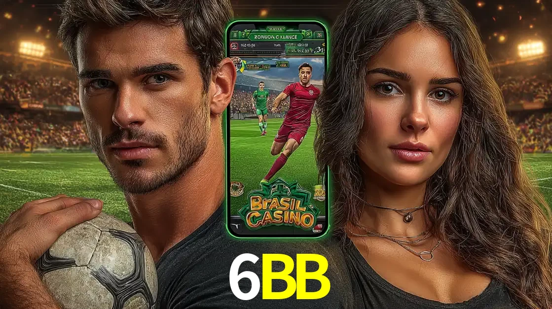 Homem segurando uma bola de futebol e uma mulher ao lado de um smartphone exibindo o jogo de apostas esportivas da 6BB. Faça seu palpite no cassino online.